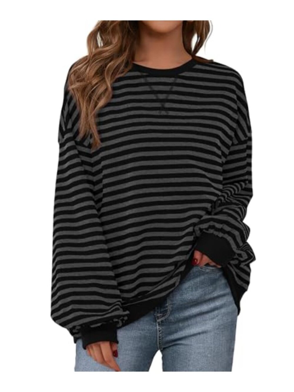 Oversized Striped Long Sleeve Crewneck Sweatshirt Women Loose Fit Pullover